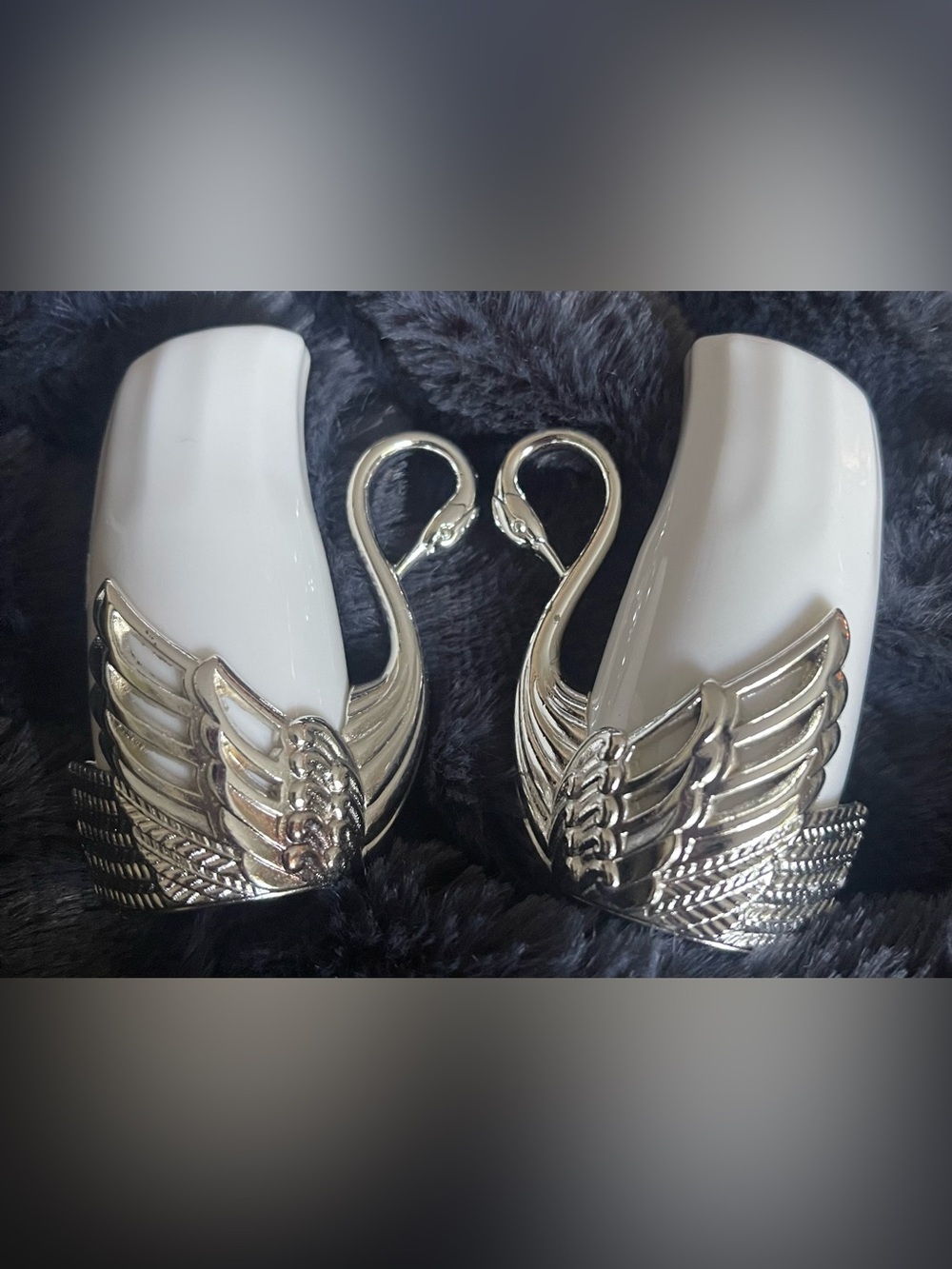 VINTAGE Art Nouveau Silver Plated Swans Porcelain Salt & Pepper Shakers Birds